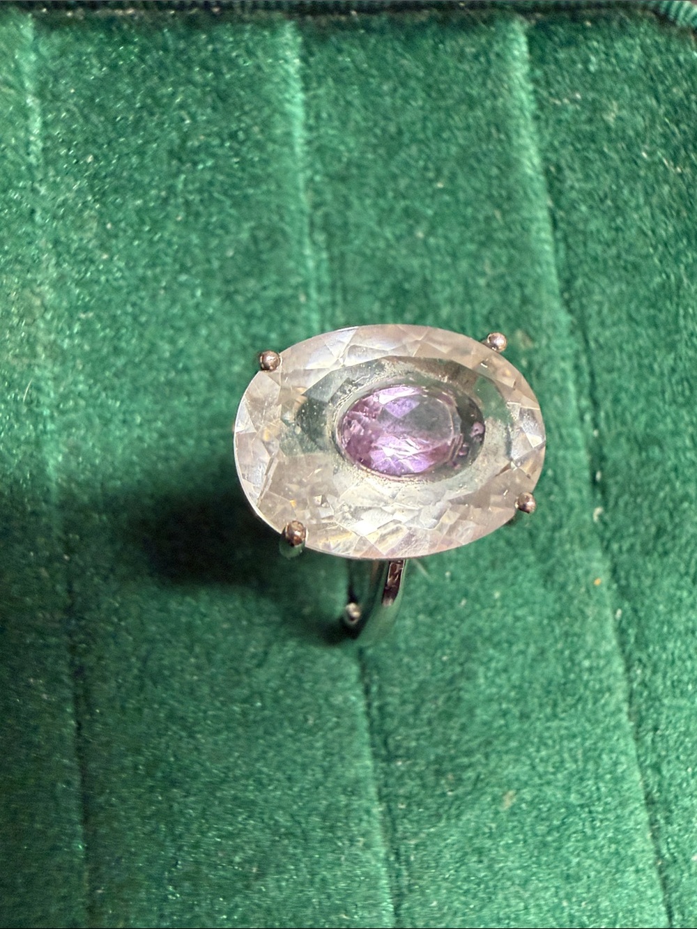 Sterling Silver Ring with Clear Faceted Stone and lavender amethyst Center